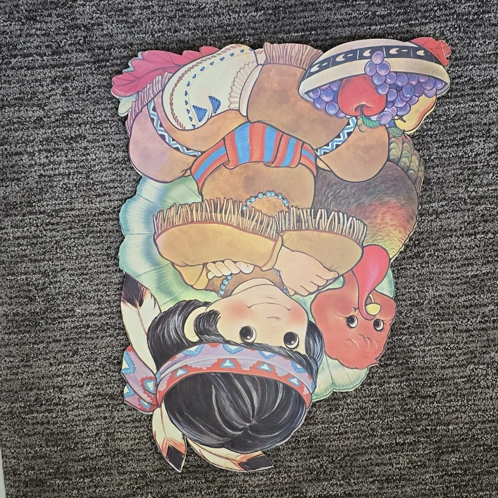 3 Large Vintage Die Cut Thanksgiving Double Sided Window Wall Decor Pilgrim Girl